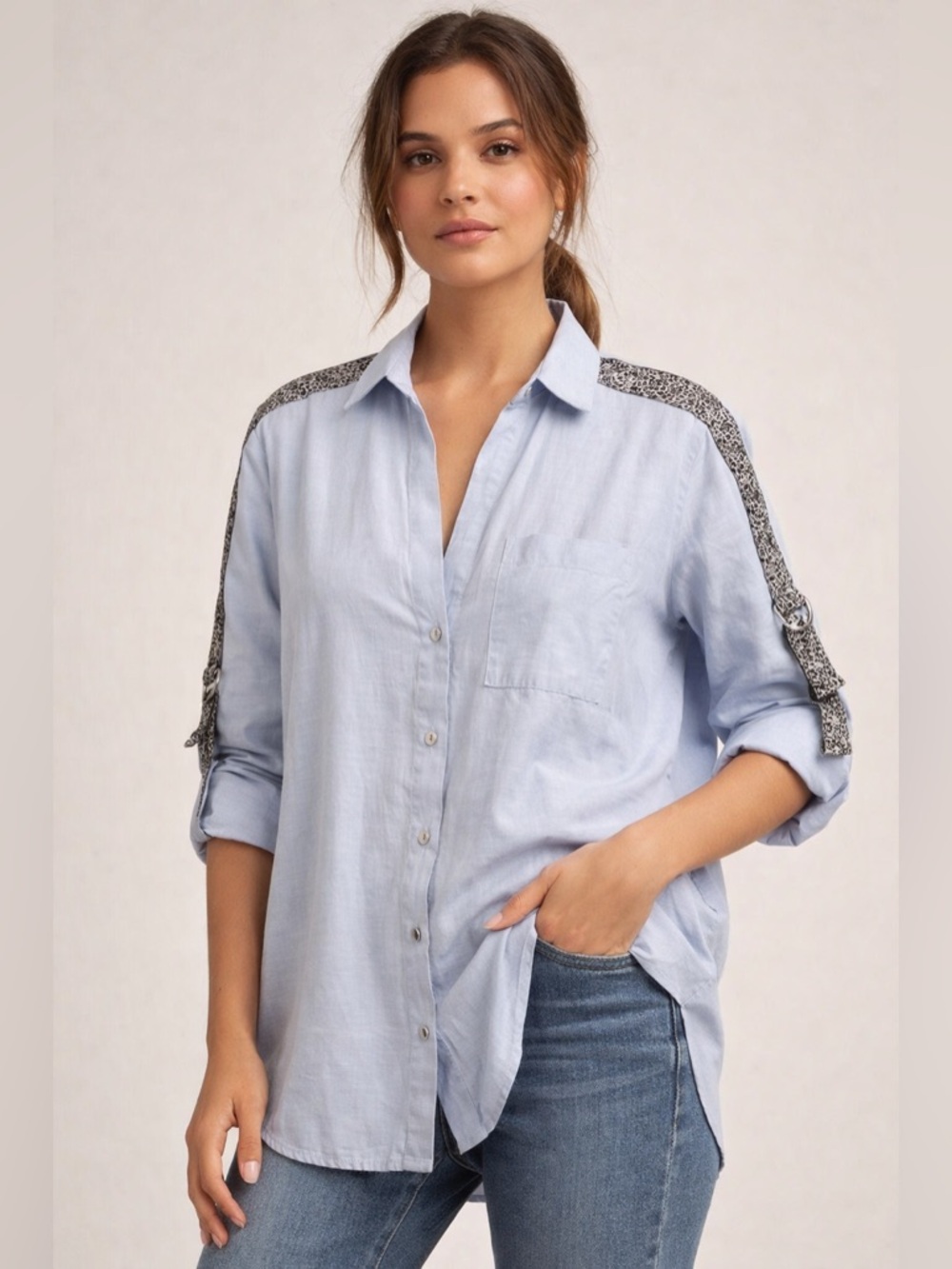 Zara Oversized Light Blue Button Down Shirt Leopard Trim Roll Tab Sleeve Small